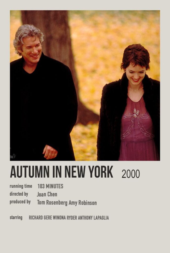 Autumn in New York 2000 movie poster featuring a couple walking in a park with fall leaves.