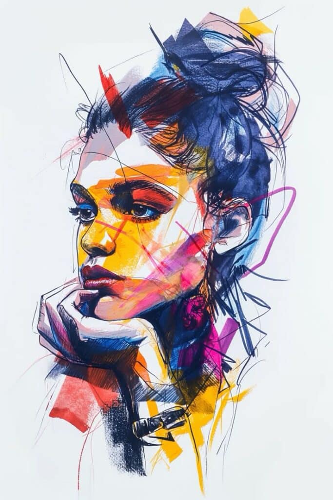 Abstract portrait of a woman in vibrant colors, contemplatively resting her head on her hand.