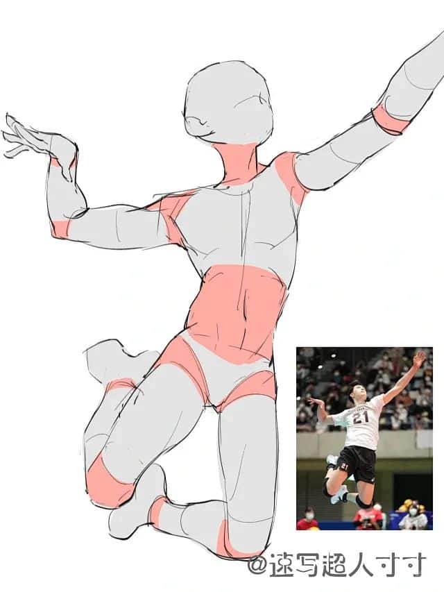 Anatomy sketch of an athlete jumping, mimicking a volleyball player's pose captured in an adjacent photo.