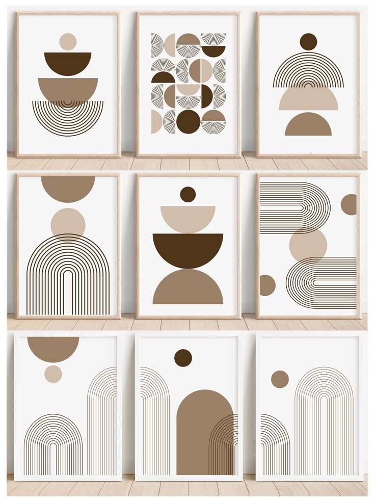 Printable Set of 3 Geometric Shapes Wall Art Prints - Modern Mid Century Brown Neutral Minimali_ | Sky Rye Design