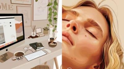 Digital illustration split: cozy home office with plants and a woman peacefully resting, embodying relaxation.