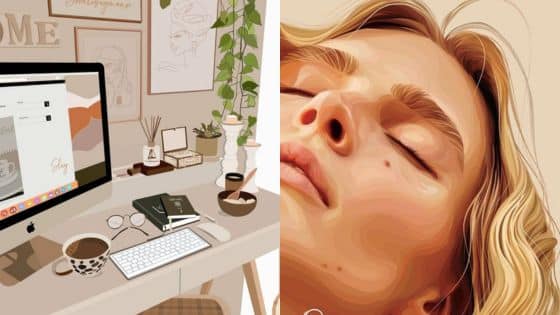 Procreate vs Photoshop Which is Better for Beginners Digital illustration split: cozy home office with plants and a woman peacefully resting, embodying relaxation. | Sky Rye Design Digital illustration split: cozy home office with plants and a woman peacefully resting, embodying relaxation.