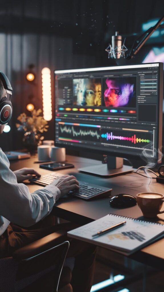 Person editing video on computer with headphones in creative studio setup, featuring waveform and color grading tools.