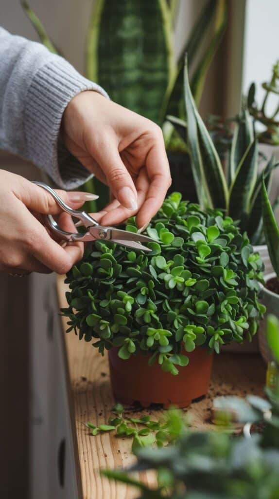 Person trimming a small potted plant on a wooden table, surrounded by various green indoor plants.