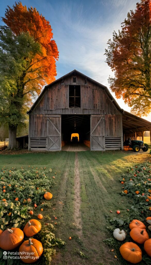 Rustic barn in autumn with pumpkins and vibrant fall trees lining the path.