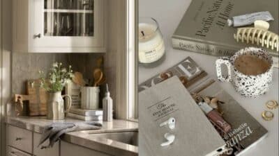 Cozy kitchen and lifestyle setup with decor books, candle, coffee mug, and accessories for a serene home vibe.