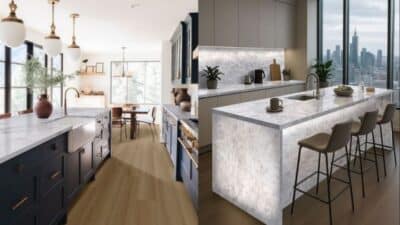 Modern kitchen designs with marble countertops and stylish lighting, featuring city and nature views.