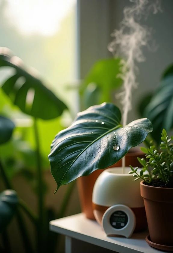 Indoor plants with humidifier on a table, creating a fresh and green atmosphere by the window.