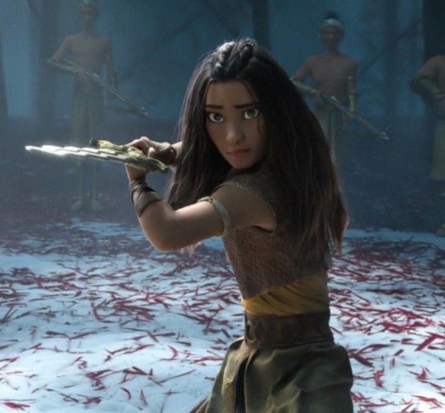 Animated warrior girl in battle stance with sword, in a forest setting.