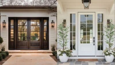 Modern double front doors: dark wood on left, white with glass panels on right. Elegant entrance design.