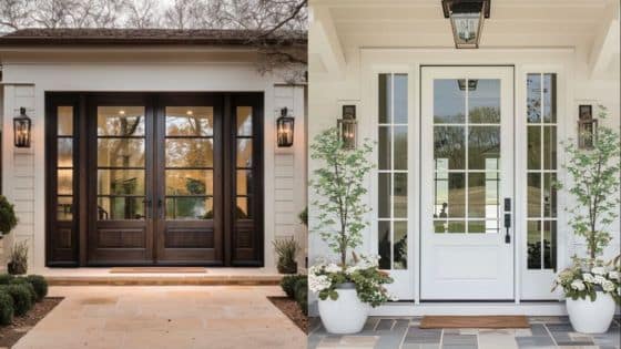 Reasons To Choose Exterior Doors with Sidelights Modern double front doors: dark wood on left, white with glass panels on right. Elegant entrance design. | Sky Rye Design Modern double front doors: dark wood on left, white with glass panels on right. Elegant entrance design.