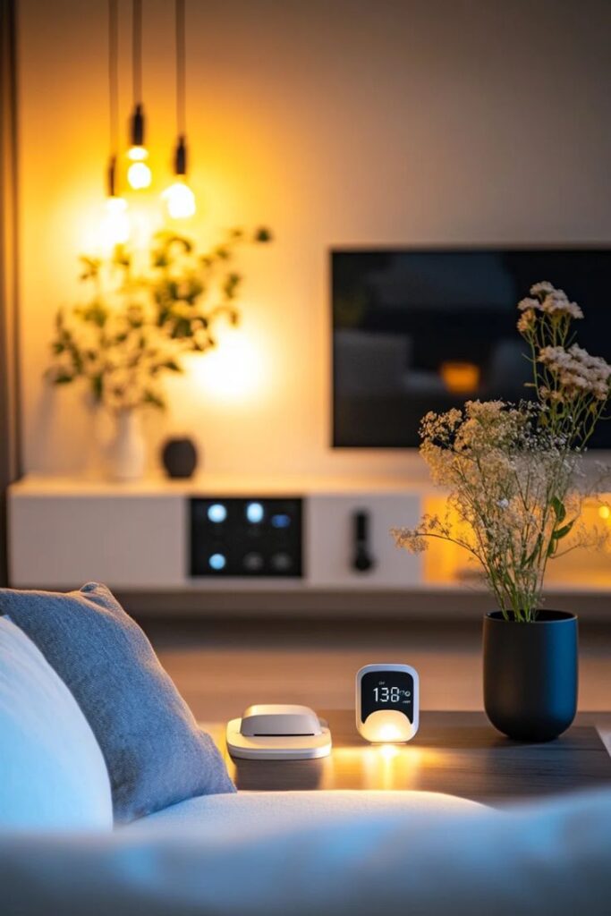 Cozy living room with modern lighting, digital clock, and flowers on a table, evoking a warm, inviting atmosphere.