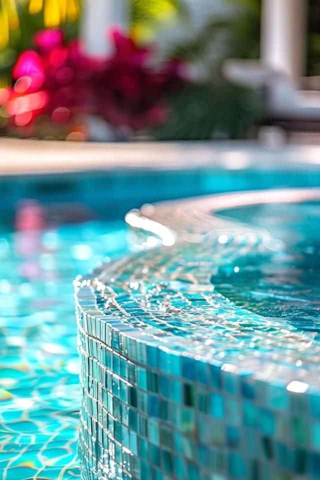 Refreshing Pool Tile and Coping Design Tips Close-up of a pool's mosaic-tiled edge with sparkling water and blurred plants in the background. | Sky Rye Design Close-up of a pool's mosaic-tiled edge with sparkling water and blurred plants in the background.