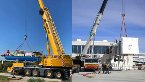 Renting Buying Cranes Why Businesses Prefer Flexibility Two large cranes lifting heavy equipment on a clear day, showcasing industrial machinery and logistics. | Sky Rye Design Two large cranes lifting heavy equipment on a clear day, showcasing industrial machinery and logistics.
