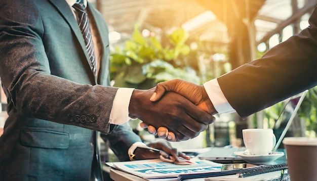 Businessmen shaking hands over a table with documents, laptop, and coffee in a modern office setting.