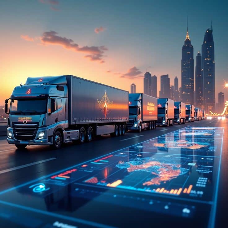 Fleet of modern freight trucks driving on highway at sunset with digital data overlay, city skyline in background.