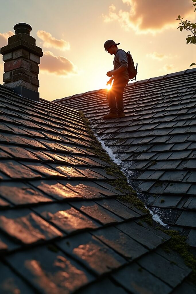 Roofer inspecting roof shingles at sunset, ensuring safety and quality maintenance for home durability.