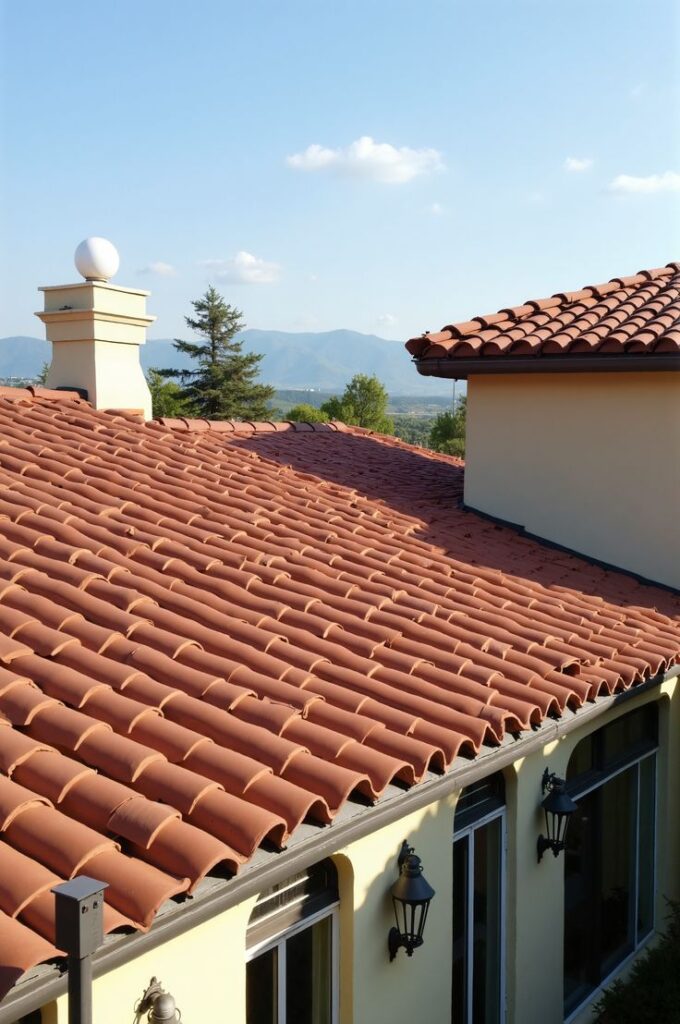 Terracotta tile roof with mountain view and clear sky in the background.
