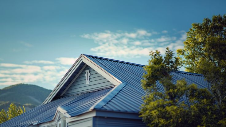 Blue metal roof on a suburban house against a clear sky and trees, showcasing modern roofing design and durability.