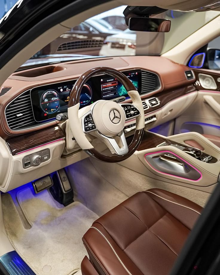 Elegant car interior with luxury leather seats, modern dashboard, and ambient lighting.