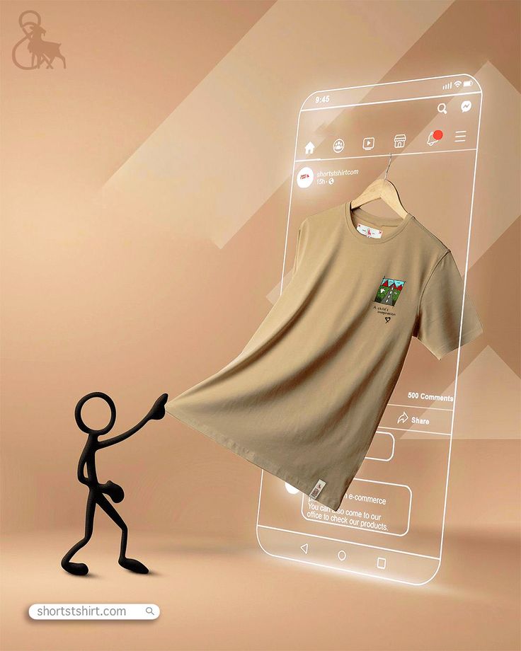 Minimalist stick figure pulls a T-shirt from a digital phone screen, highlighting e-commerce shopping.