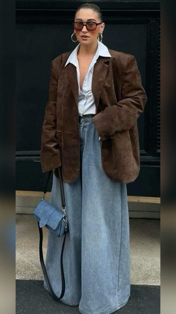 Fashionable woman in oversized blazer, wide-leg jeans, sunglasses, and carrying a blue handbag.