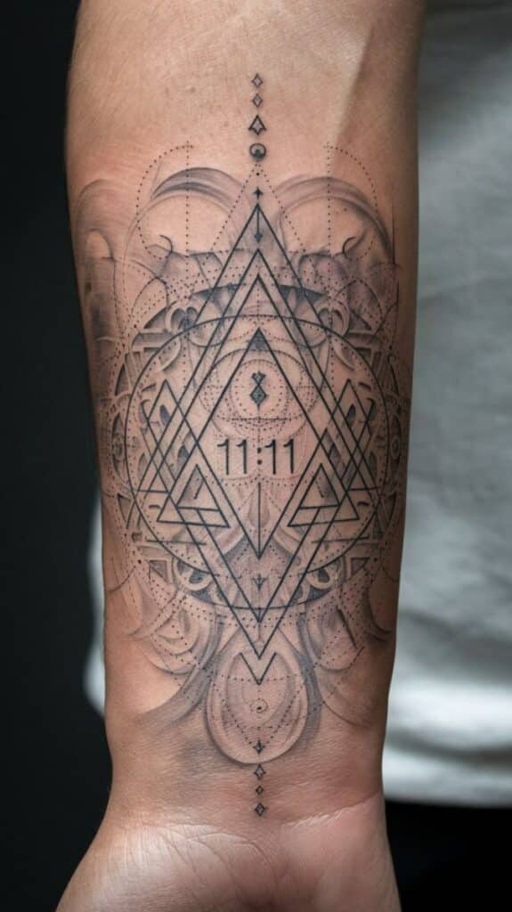 Geometric tattoo with intricate patterns and the number 11:11 on forearm, showcasing artistic design and precision.