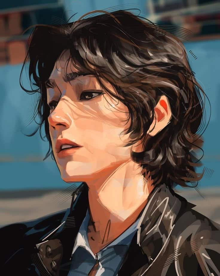 Digital portrait of a person with curly hair and a thoughtful expression, in a leather jacket against a blurred background.