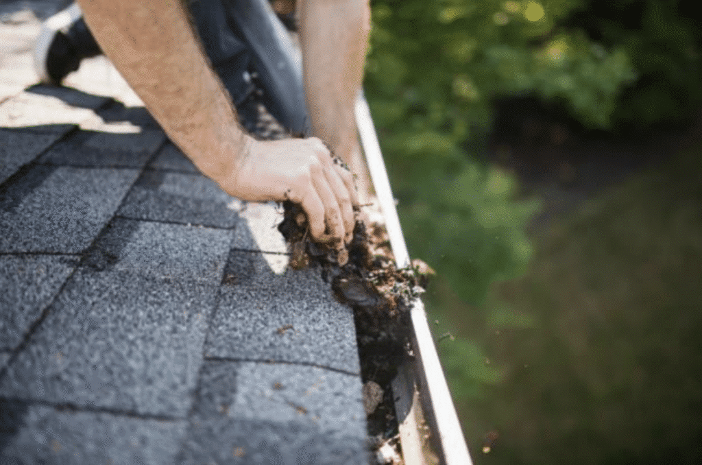 Screenshot 2025-08-13 at 155256 Person cleaning debris from house gutter on roof for maintenance. | Sky Rye Design Person cleaning debris from house gutter on roof for maintenance.