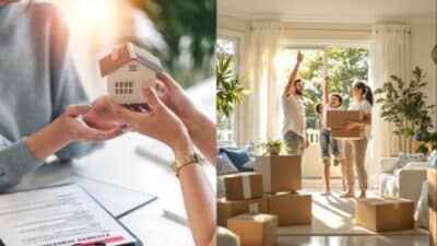 Real estate concept: signing contract, holding house model, family celebrating new home with moving boxes. Bright living room.