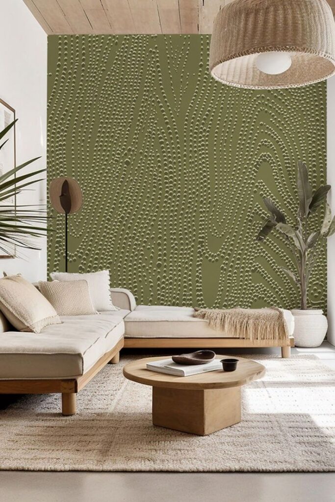 Modern living room with green textured accent wall, beige sofa, wooden coffee table, and woven pendant light.