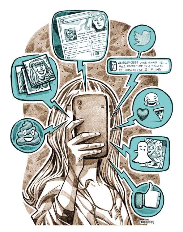 Illustration of a person using a smartphone with social media icons and conversations around the screen.