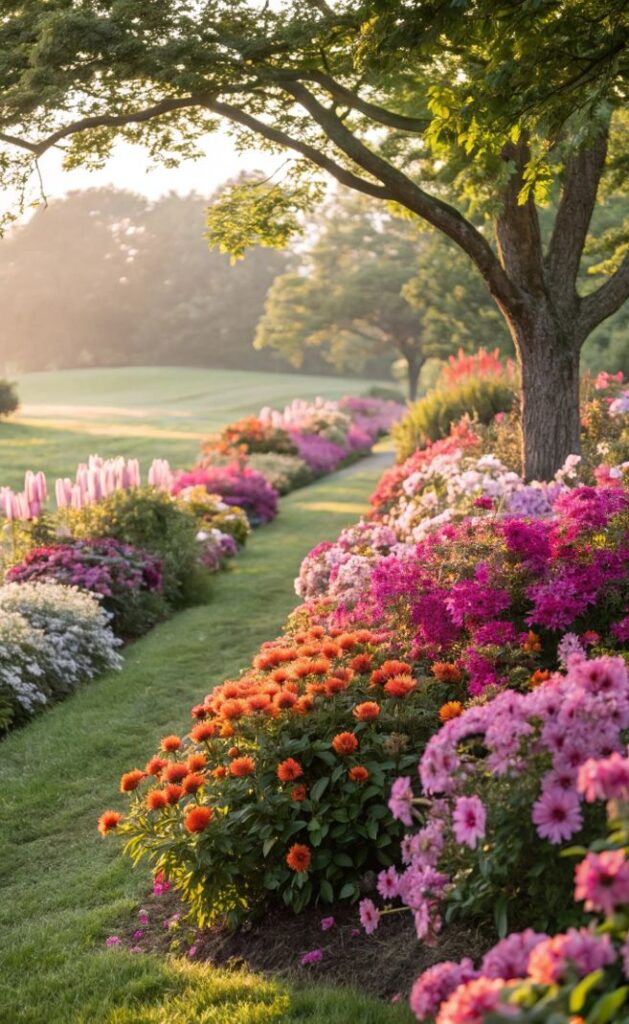 Colorful garden flowers in full bloom, lining a lush green path under trees at sunrise.