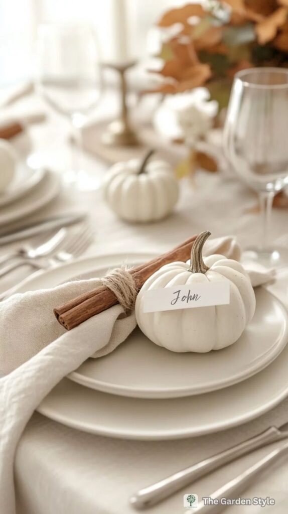 Elegant fall table setting with a white pumpkin place card, cinnamon stick, and neutral napkins on a white plate.