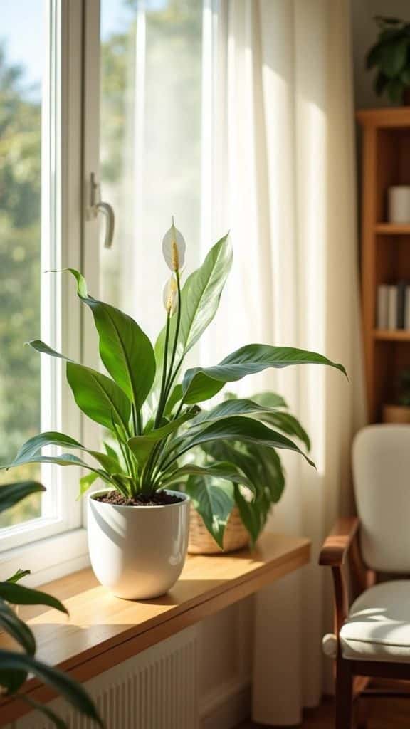 Potted peace lily on a sunlit windowsill, enhancing a cozy, serene living space with natural greenery.