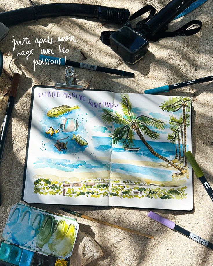 Sketchbook open on sandy beach, showing marine sanctuary watercolor with pens and camera around it.