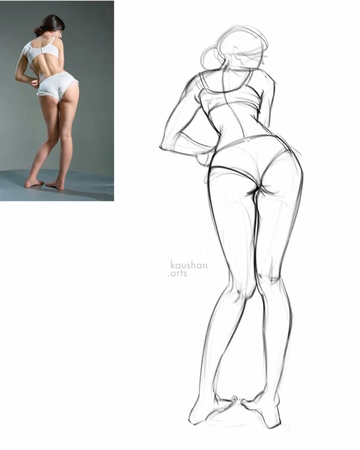 Artistic figure drawing juxtaposed with a model in white lingerie, displaying pose and proportion comparison.