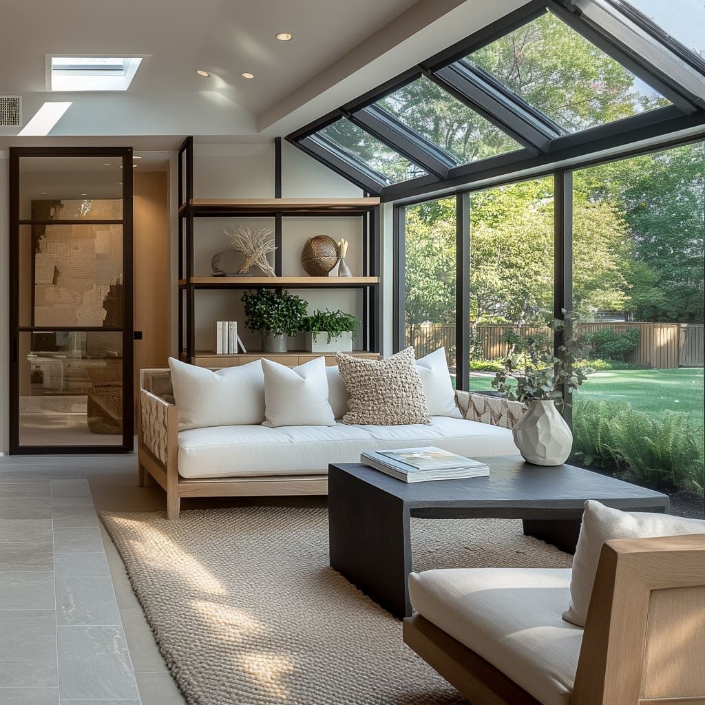 Bright modern living room with large windows, cozy furniture, garden views, and natural light.