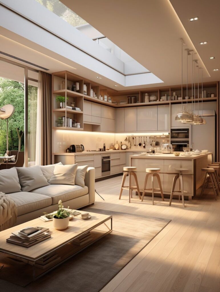 Modern kitchen and living room with skylight, island, and natural wood finishes, blending indoor and outdoor spaces.