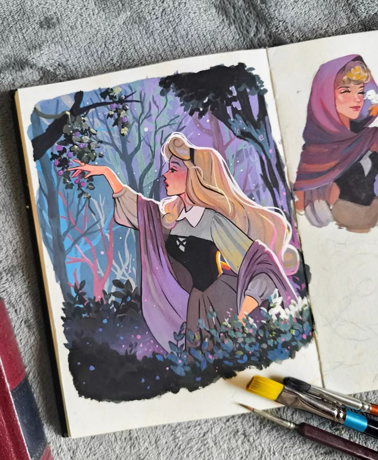 Illustrated fantasy scene of a young woman in a forest with long hair and a flowing cloak, surrounded by trees.