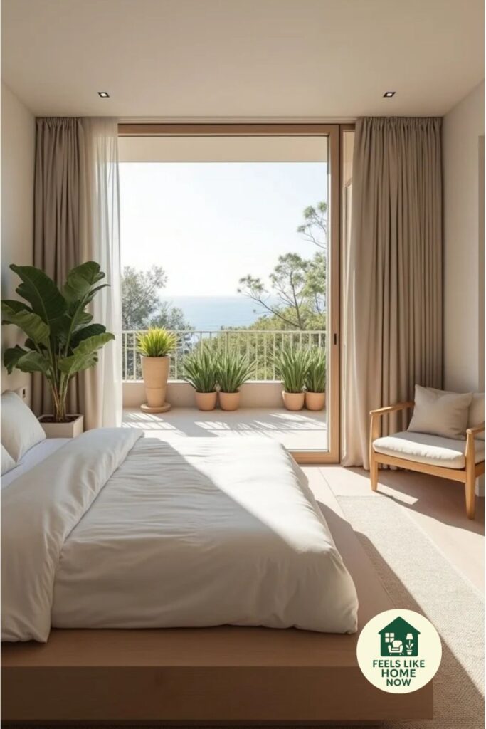 Modern bedroom with ocean-view balcony, lush plants, and minimalist decor, labeled Feels Like Home.