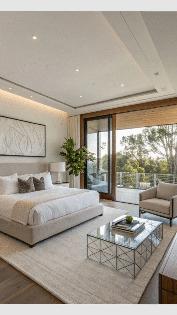Luxurious modern bedroom with large window, stylish decor, and scenic view. Contemporary furnishings and bright ambiance.