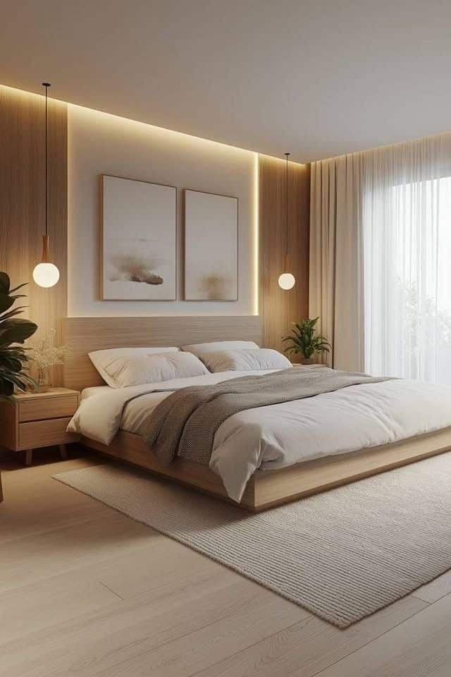 Modern bedroom with wooden bed, cozy bedding, soft lighting, and elegant decor for a serene atmosphere.