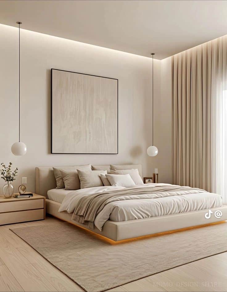 Modern minimalistic bedroom with beige decor, large bed, abstract art, and pendant lights. Cozy and elegant interior design.