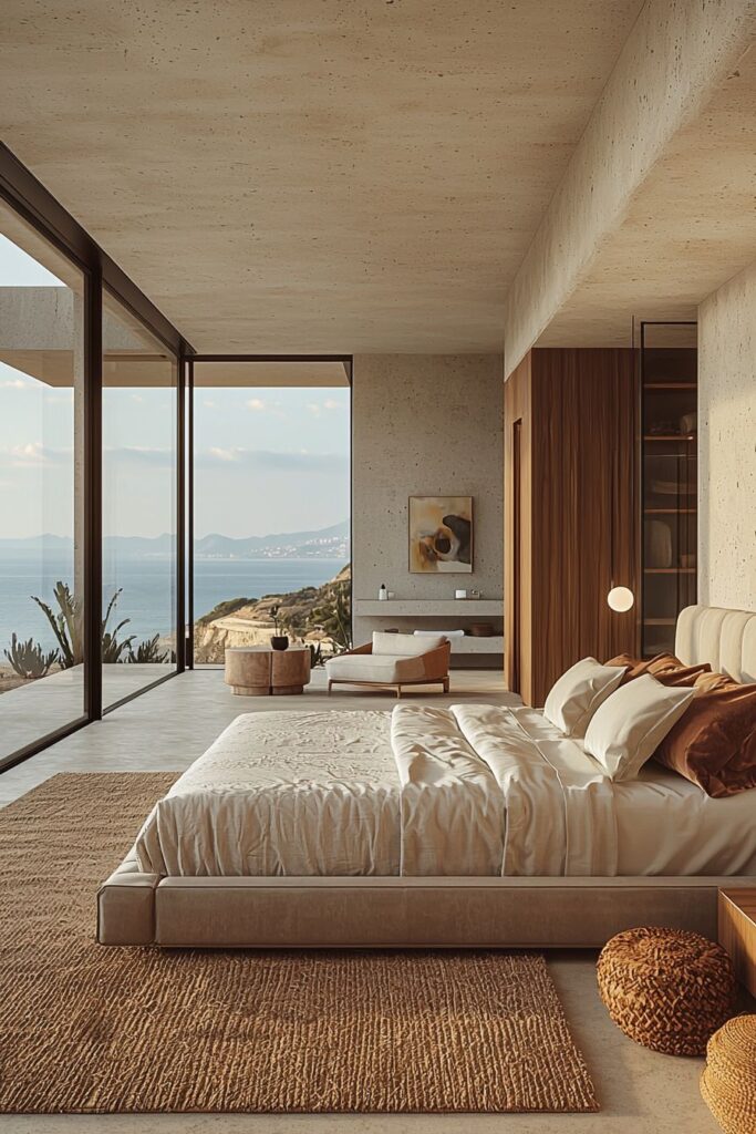 Luxury bedroom with ocean view, modern interiors, floor-to-ceiling windows, beige tones, and natural light.
