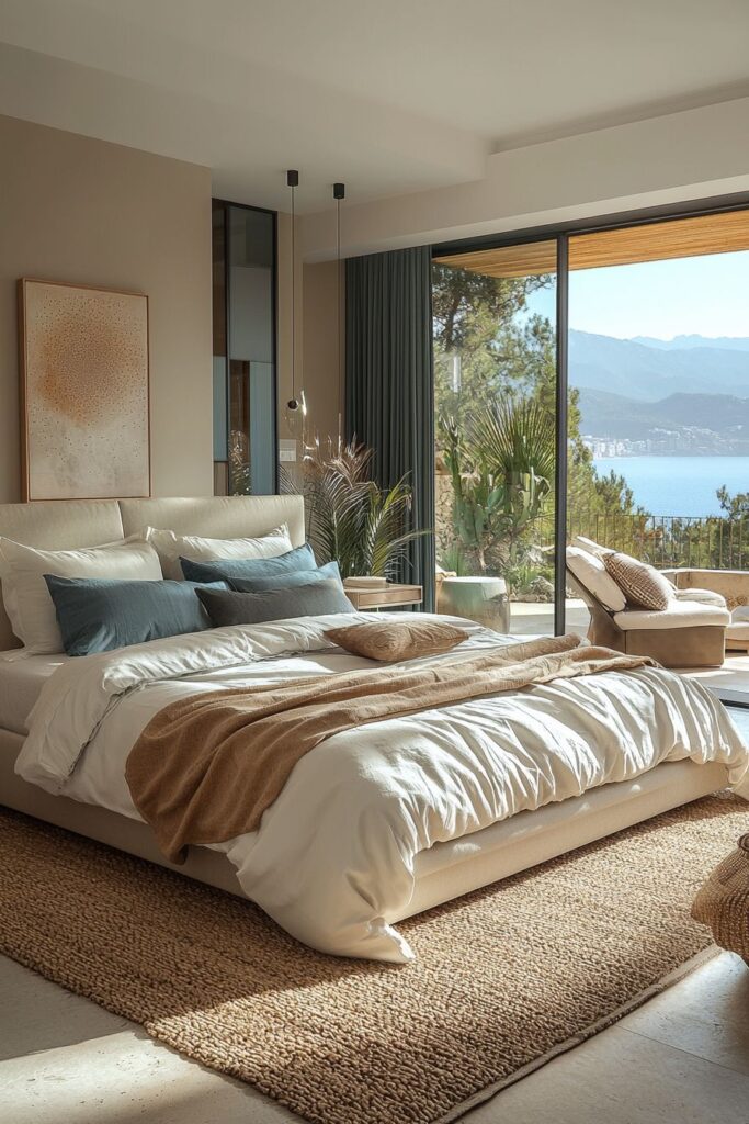 Modern bedroom with beige bedding, ocean view, and open balcony. Cozy, natural light, and minimalist decor.