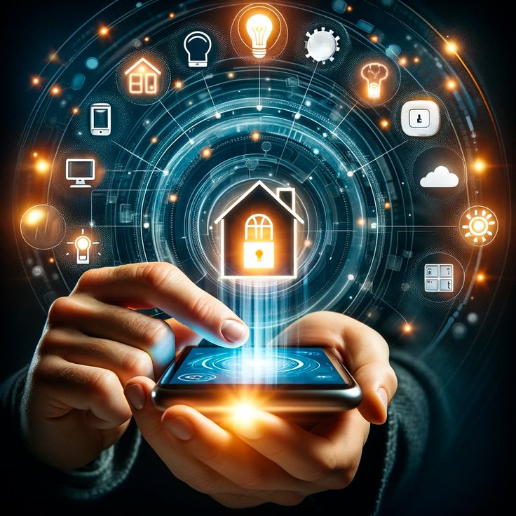 Futuristic smart home concept with smartphone control, digital icons, and holographic house interface.