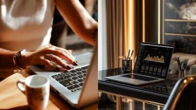 Typing on a laptop next to a coffee mug, and a graph displayed on a laptop screen in a modern office setting.