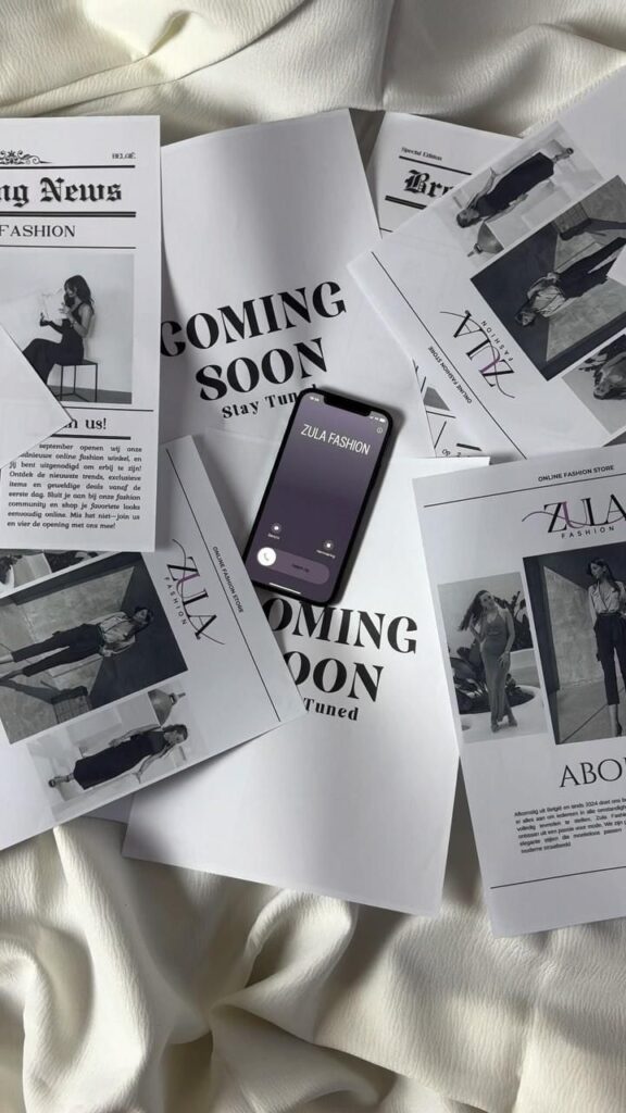 Fashion brand Zula previews launch with coming soon flyers, smartphone on stylish fabric background.