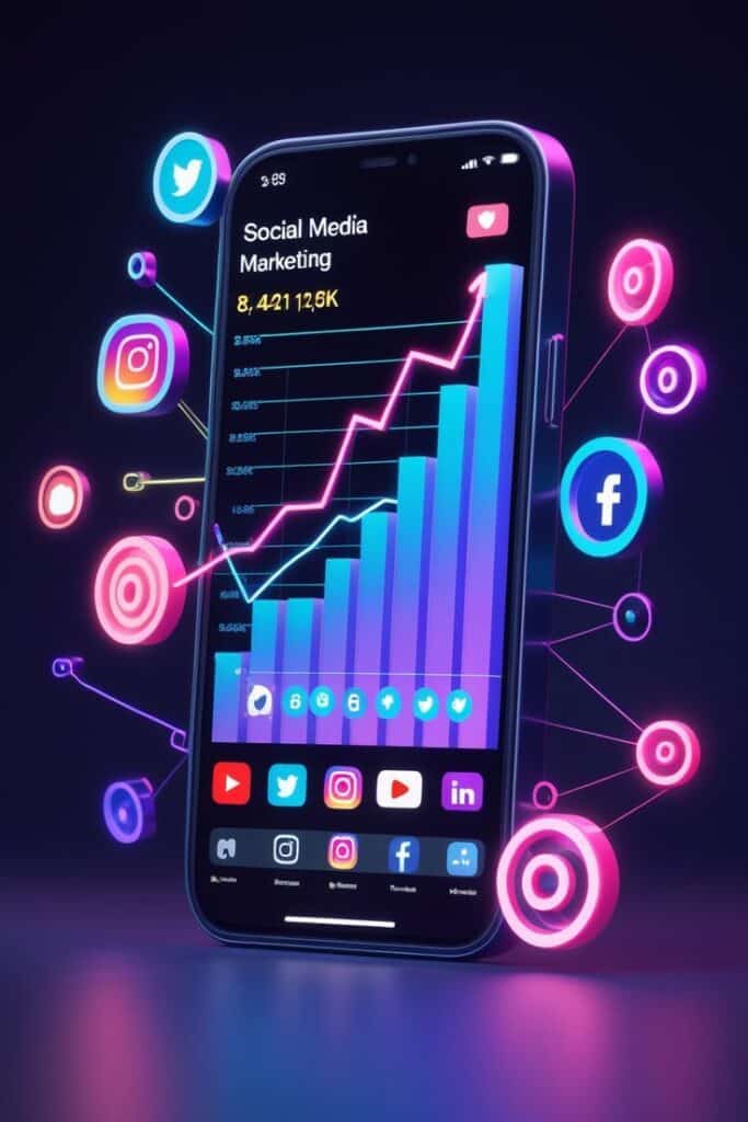 Smartphone displaying social media marketing analytics with growth graph and app icons in a futuristic design.